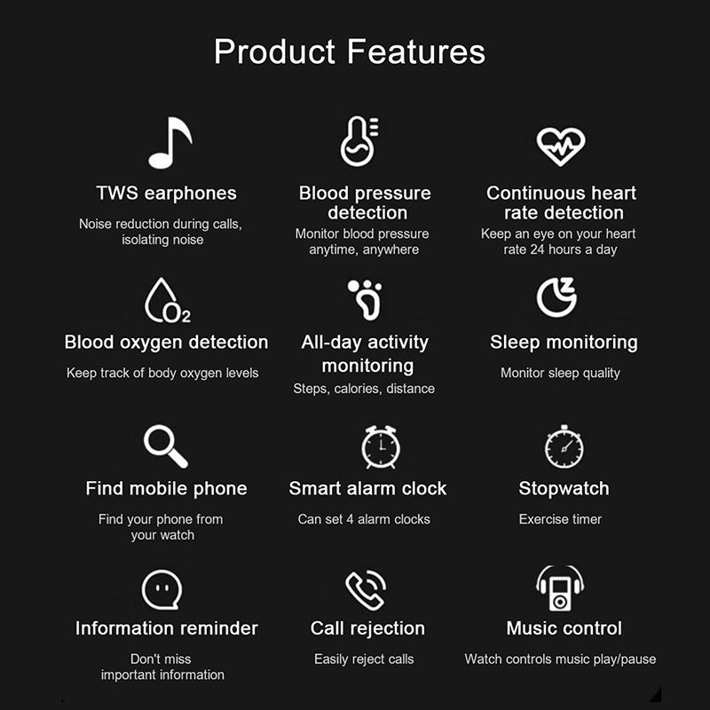 Новые умные часы TWS Bluetooth гарнитура два в одном шаге пульсометр кровяное давление монитор сна браслет
