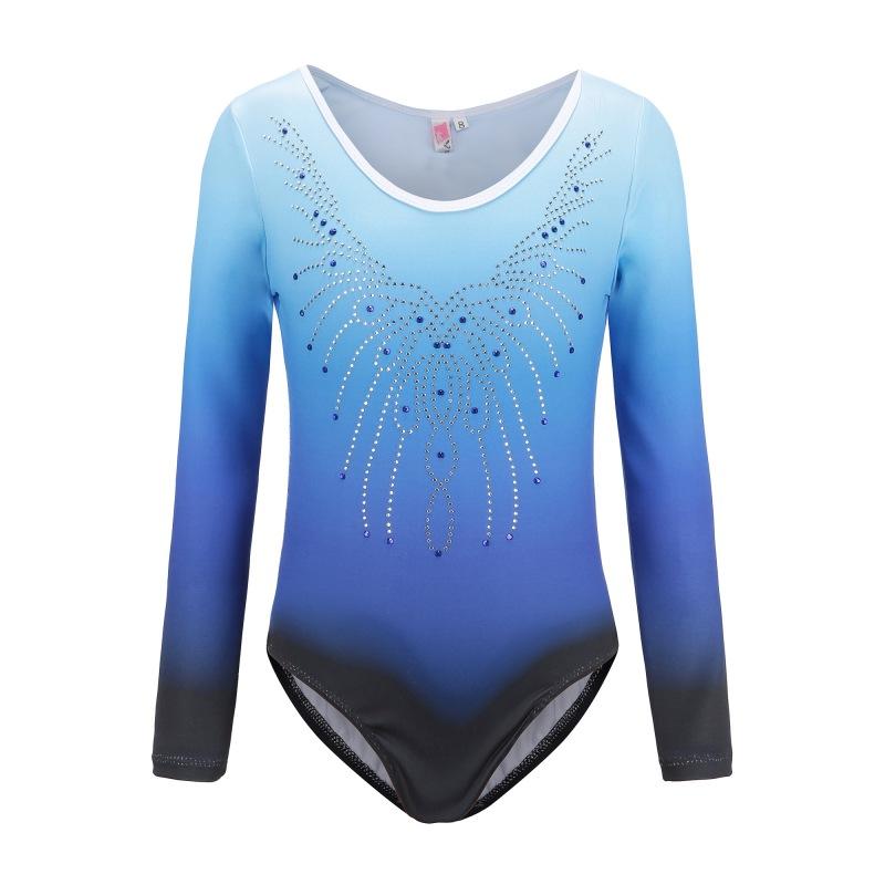 Детский купальник для гимнастики и балета, танцевальный костюм со стразами и заклепками, градиентный цвет, длинный рукав, танцевальный костюм