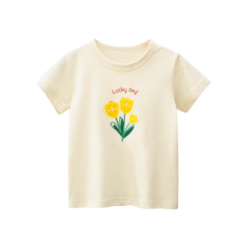 Одежда для маленьких девочек, летняя хлопковая футболка, топ с короткими рукавами для младенцев, футболка с цветочным принтом, детская футболка