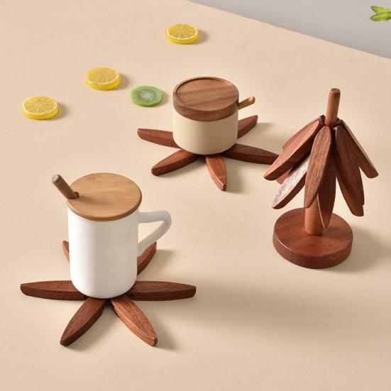 5Pcs Wooden Tree-Shaped Coasters with Base Heat-resistant Drink Placemats Pot