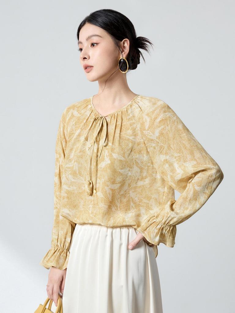 100% Mulberry Silk High-End Shirt, Spring Lantern Sleeves, Double Georgette Tie-Up Print, Women's Top