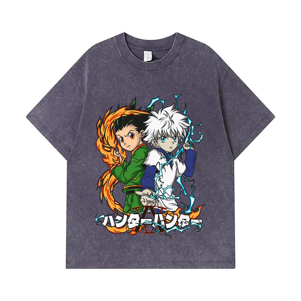 275 GSM Washed T-shirts 100% Cotton HXH V7 Gon Killua Print Unisex Heavy Cotton T Shirt