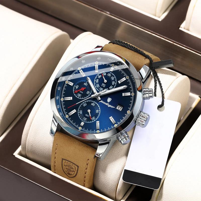 Новые мужские часы POEDAGAR Brand Luxury Leather Strap Водонепроницаемые спортивные кварцевые часы с хронографом, военные часы для мужчин