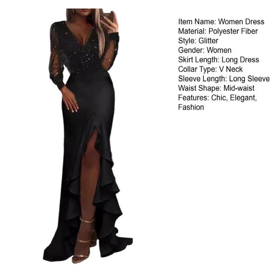 Sexy Bodycon Maxi Dress For Women V Neck Long Sleeve Mesh Sequin