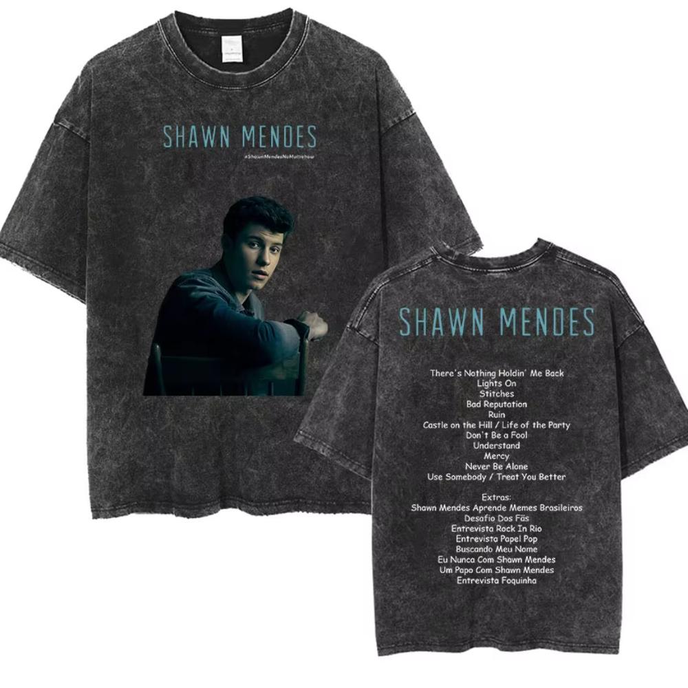 Rapper Shawn Mendes Tour  Album Vintage Washed Tee Shirt Mens Hip Hop Oversized Tshirt Fashion High Quality Cotton T Shirts