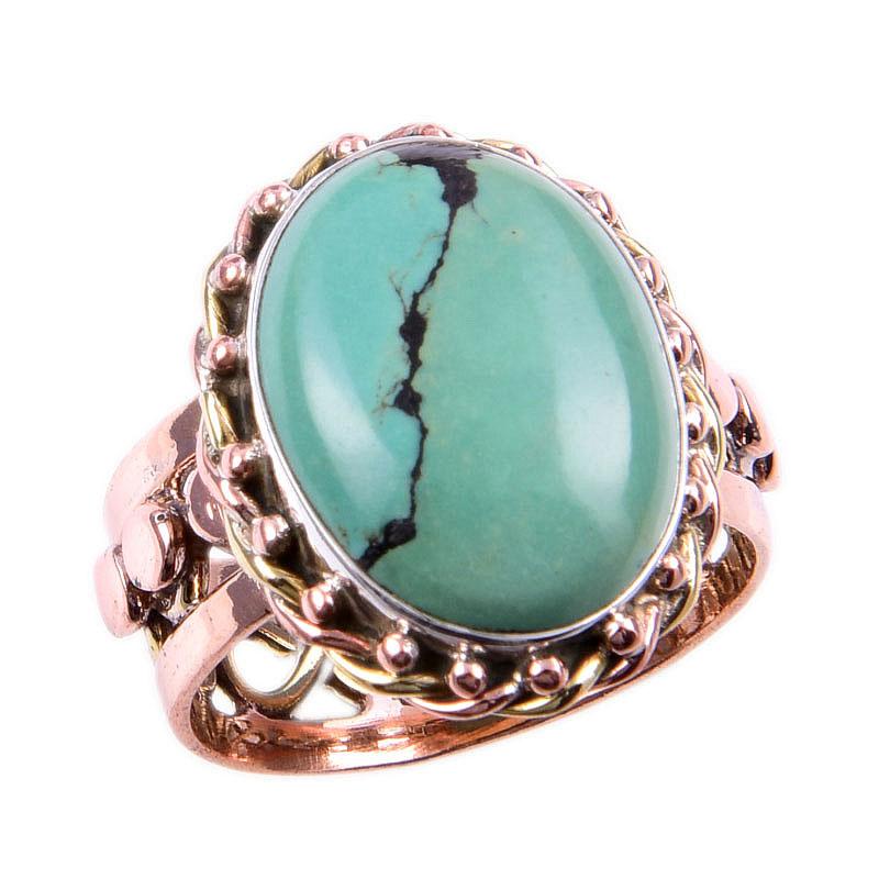 Natural Tibetan Turquoise Gemstone 925 Solid Silver Two Tone Ring S.8.5US U0Y47