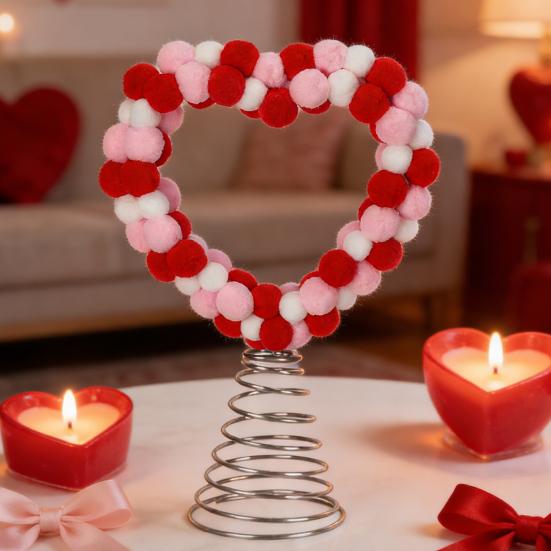 Valentine's Day Heart Tree Topper Red Pink White Pom Pom Ball Love Heart Treetop Ornament for Valentine's Day Christmas Wedding Birthday Party Home