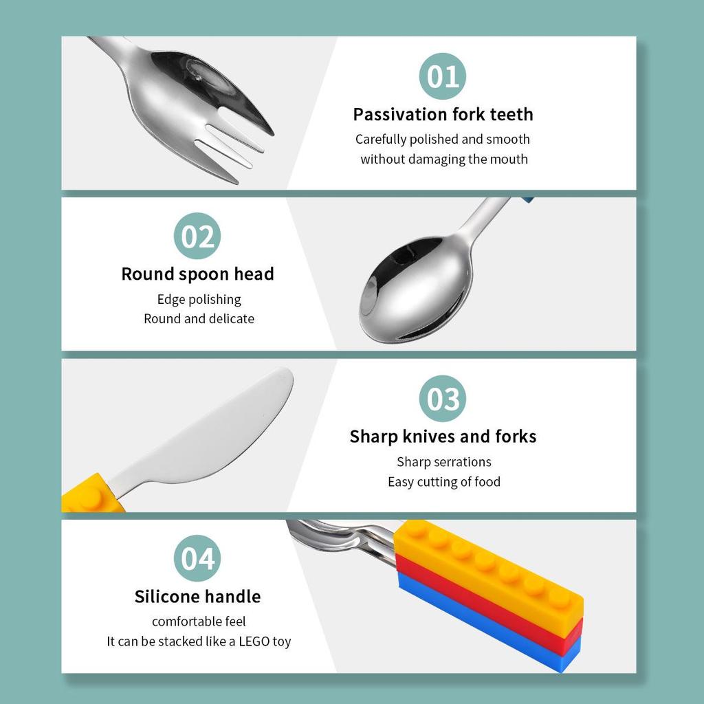 Силиконовые строительные блоки из нержавеющей стали, набор детских столовых приборов: Нож, вилка и ложка для младенцев.