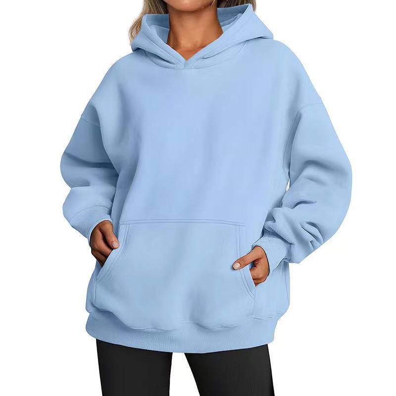 Women's Solid Color Fleece Hooded Sweatshirt - Autumn/Winter, Long Sleeve, Street Hip-Hop Style, Loose Fit, with Pockets.