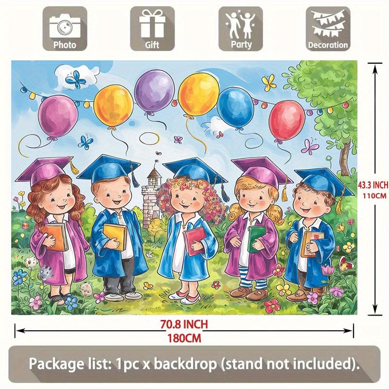 Graduation Party Backdrop Banner, Colorful Balloons and Grad Cap with Cartoon Graduate, 90.5x70.8 in Polyester Photo Background for Celebration