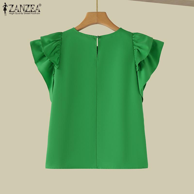 ZANZEA Женская модная многослойная свободная блузка с круглым вырезом и рукавами с рюшами
