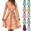 Women's Fashion Casual V-Neck Long Sleeve Waist Floral Print Midi Dress