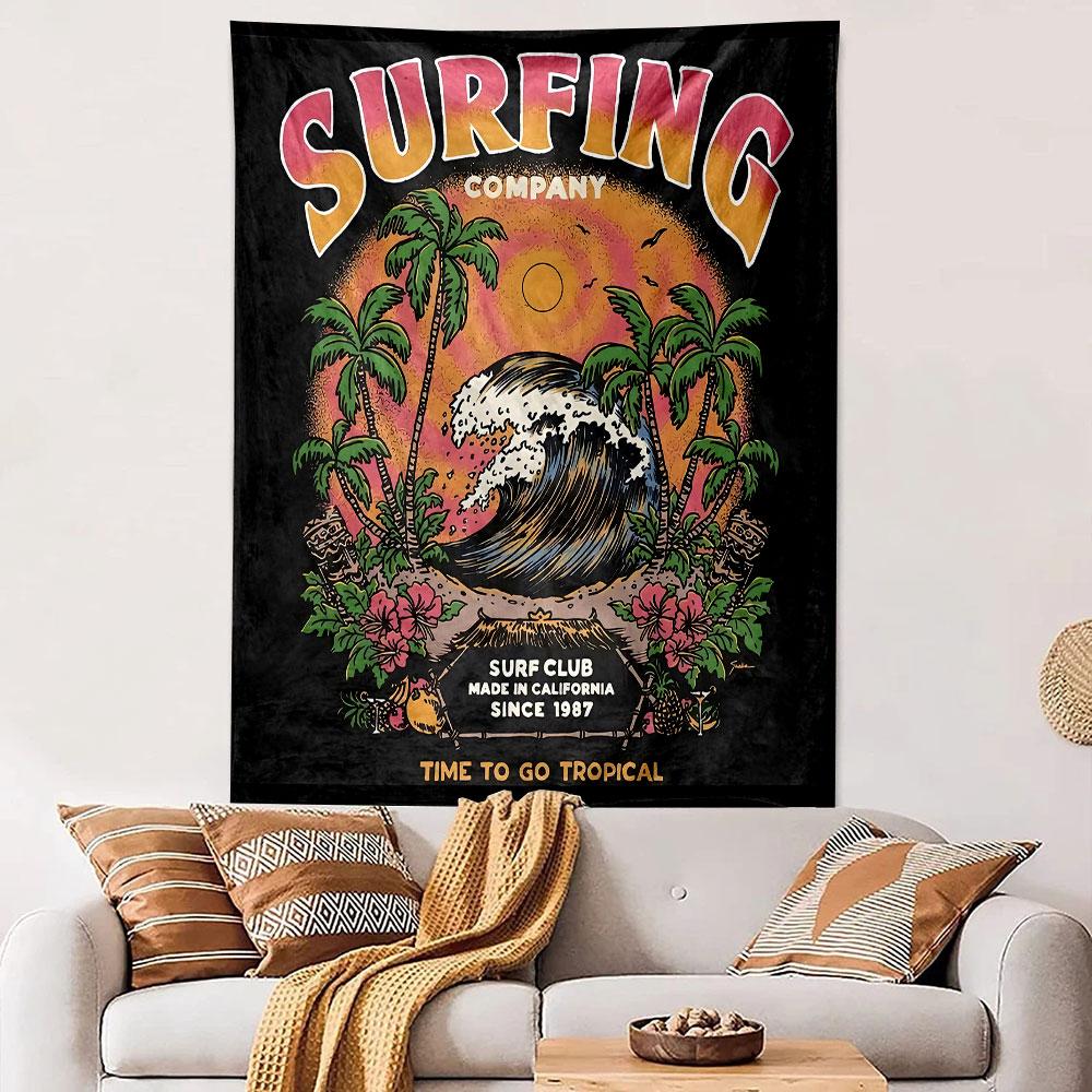 Surf Club Tapestry Wall Hanging, Retro California Surf Company Logo, Beach Wall Decor for Bedroom Living Room Dorm