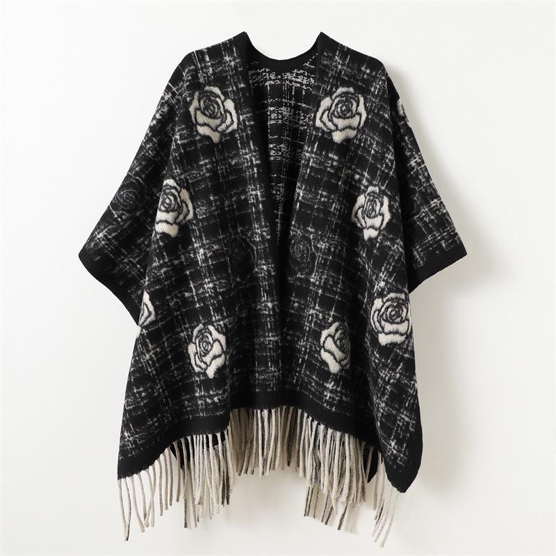 French Romantic Rose Autumn And Winter Men'S And Women'S Double-Sided Shawl With Imitation Cashmere High-End Warm Fringed Scarf Cape