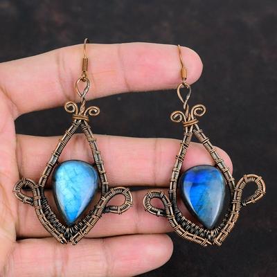 Серьга из лабрадорита Серьга, обмотанная медной проволокой Ручная работа Украшения из драгоценных камней Уникальные серьги Медные украшения Подарки для мамы Серьга последнего дизайна