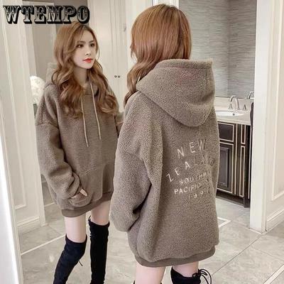 Зимнее пальто Wild Plus Velvet из толстой овечьей шерсти для женщин, свободный белый свитер с капюшоном для студенток