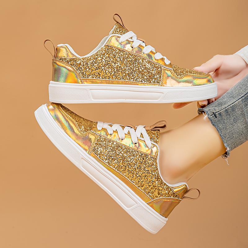 Мода Модные золотые женские кроссовки Роскошные женские кроссовки с пайетками из вулканизированной кожи Удобные повседневные кроссовки Женские дизайнерские туфли tênis feminino