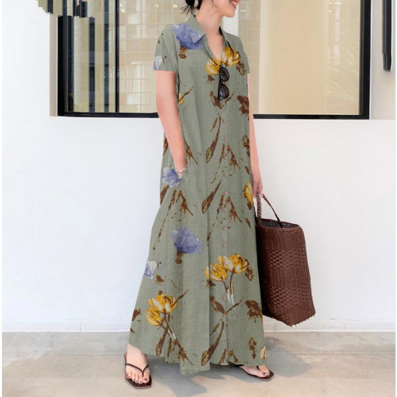 Модное летнее платье-рубашка с коротким рукавом для женщин, больших размеров, с лацканами, однобортное, повседневное, свободное, простое, А-силуэта, вечерние, макси, длинные платья, элегантная одежда с принтом