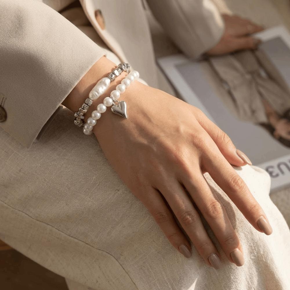 Beaded Heart Pendant Bracelets Stackable Metal Hand Chain Vintage Imitation Pearl Bracelets  Party
