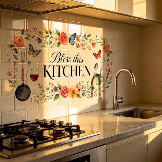 Bless This KITCHEN Wall Kitchen Utensils Self-adhesive Sticker Flower Butterfly Sticker Waterproof PVC