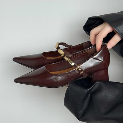 Французские универсальные туфли Мэри Джейн с острым носком и неглубоким вырезом, женские осенние модели 2025 года, красивые и не утомляющие ноги, на низком толстом каблуке, черные, маленькие