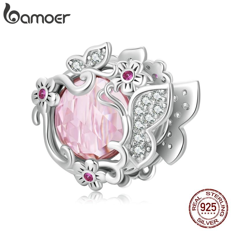 BAMOER Стерлингового Серебра 925 Пробы Красивая Бабочка Розовый Циркон Бусины Подвески Подходит Серебряный Браслет Изящные Ювелирные Изделия Подарок На Вечеринку