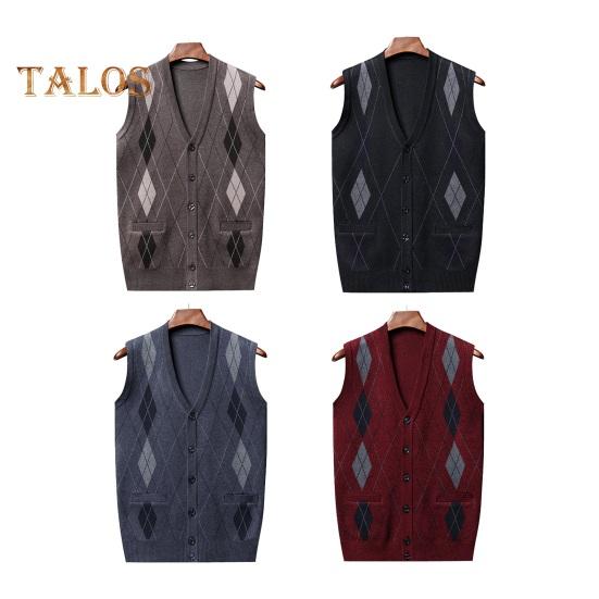 Men Autumn Winter Cardigan Sweater Single-breasted V Neck Sleeveless Buttons Color Matching Stretchy Pockets Knitted Vest Mid-aged Male Top