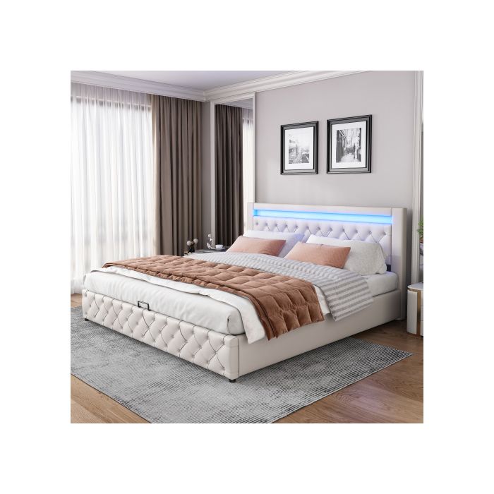 Lit - MUVOE - 180 x 200 cm - Rembourré - Espace de rangement - Éclairage LED