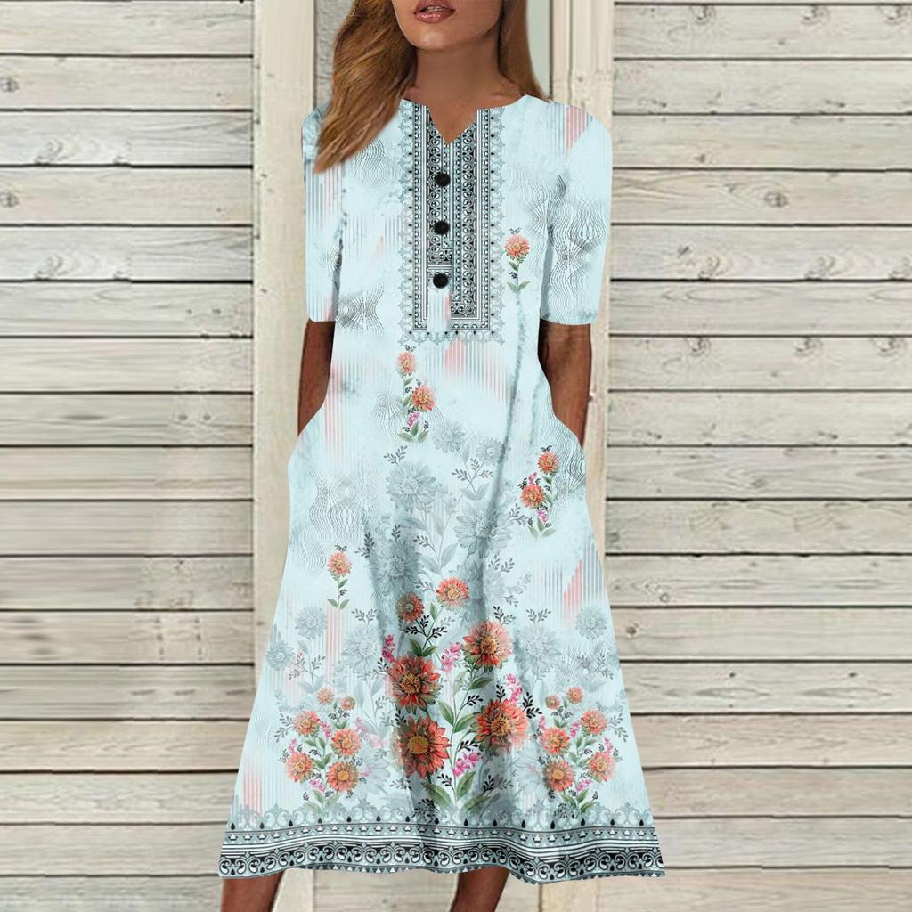 Women's Summer Casual Printing Fashion V-neck Short Sleeved Beach Swing Skirt