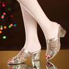 Sandals Women  Summer New Models, Fish Mouth Middle Heel Mesh Thick Heel Sequins Casual Korean Version Large Size Sandals