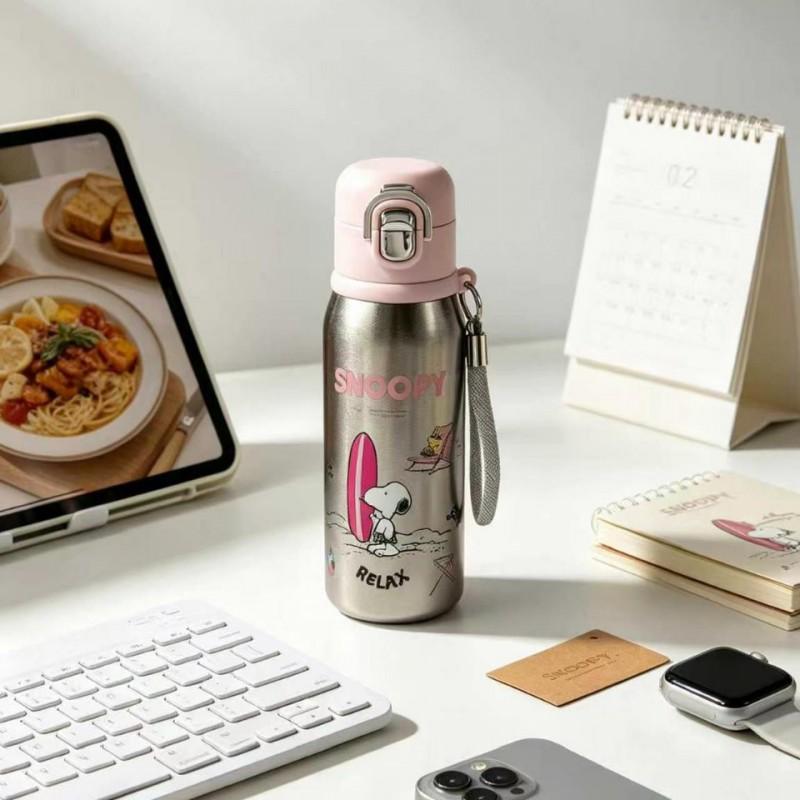 Kids Titanium Insulated Water Bottle With Cartoon Design Strap Handle Dual-Use Sip Straw Lid 360ml Portable Vacuum Flask