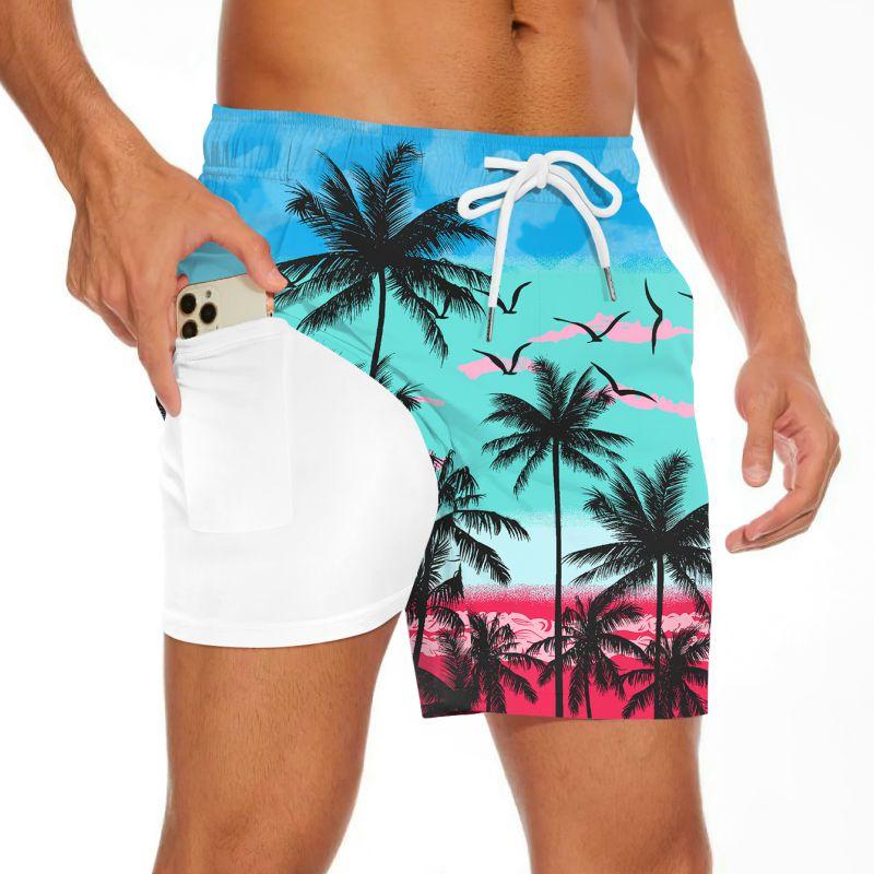 Men's Summer Double-layered Shorts Drawstring Swim Trunks Beach Printed Swim Pants with Pocket