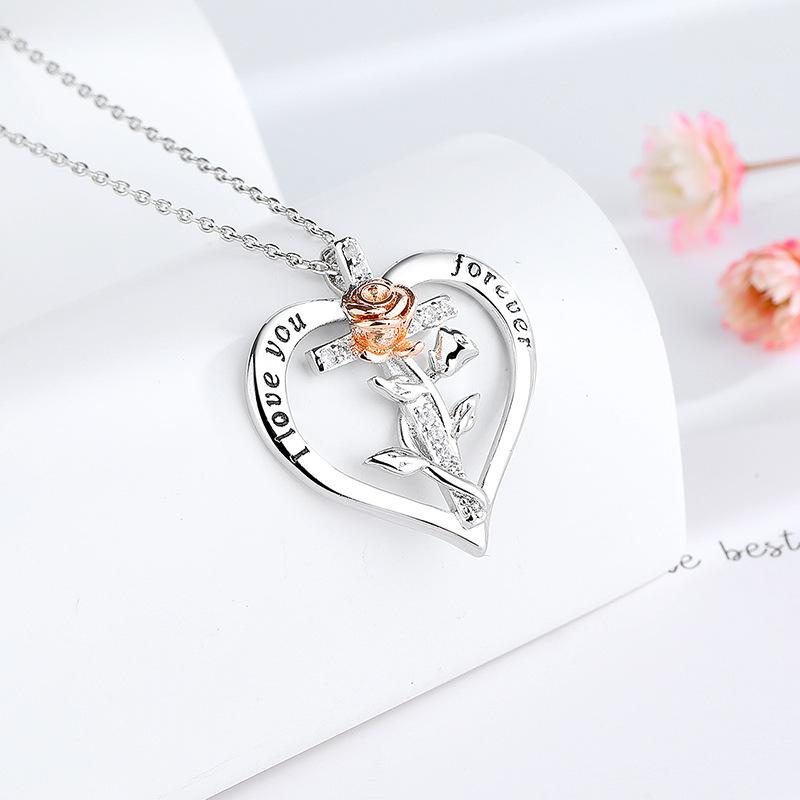 Новое ожерелье в форме сердца с двумя цветными розами, креативная простая цепь из змеиной кости с гравировкой креста