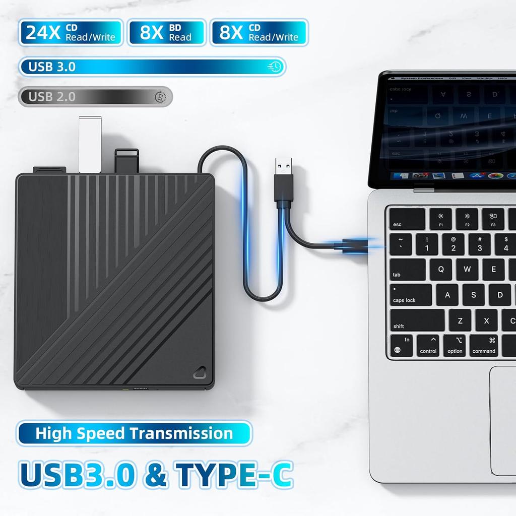 Внешний Blu-ray привод 5-в-1 USB 3.0 и USB-C DVD/CD рекордер BD ридер с 2 портами USB-A и кардридером SD/TF – для ноутбука ПК Mac