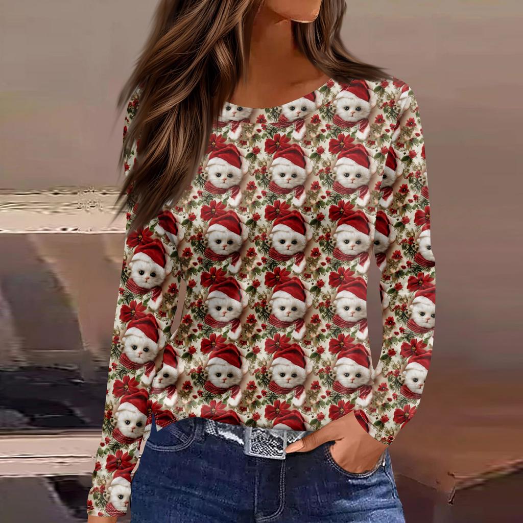 Women's Fashion Hem Slit Casual Christmas Printed Round Neck Long Sleeve Top