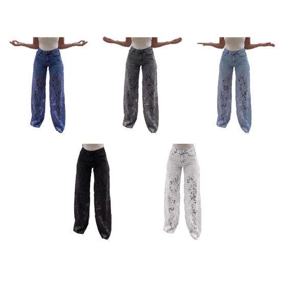 Women's Lace Patchwork Jeans Casual Baggy Straight Wide Leg Denim Pants Mid Waist Floral Hollow Out Jeans
