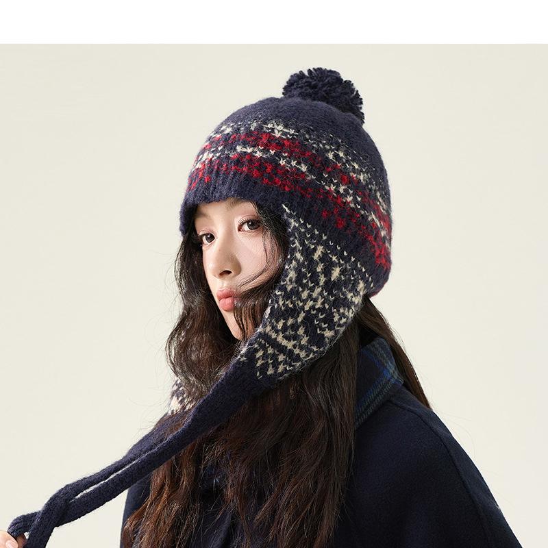Осенне-зимняя шапка с защитой ушей, вязаная, женская, этнический стиль, теплая шерстяная шапка