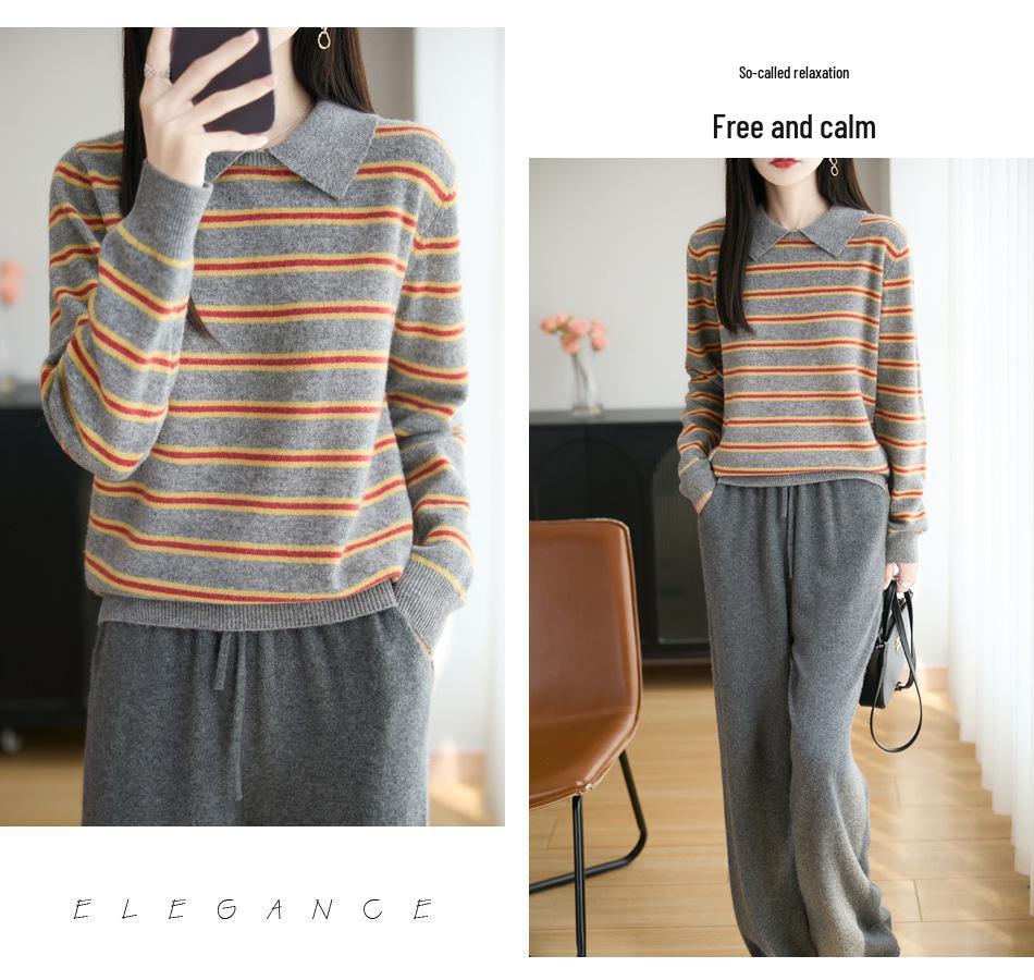 Women's Retro Wool Stripe Lapel Sweater - Polo Collar Knitwear for Autumn/Winter Styles