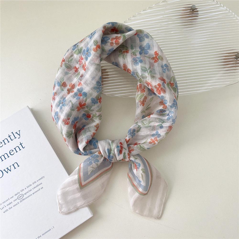 58 Цветочный Хлопково-Льняной Шарф: Корейский шейный платок с мелким цветочным принтом на весну, лето, осень - Универсальная повязка на голову и головной платок