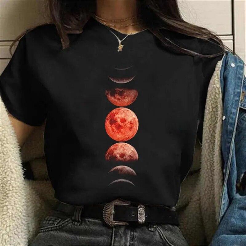 Casual Women's Round Neck T-shirt Lunar Eclipse Printed Women's T-shirt New Eclipse of the Moon Moon Style Women's White T-shirt