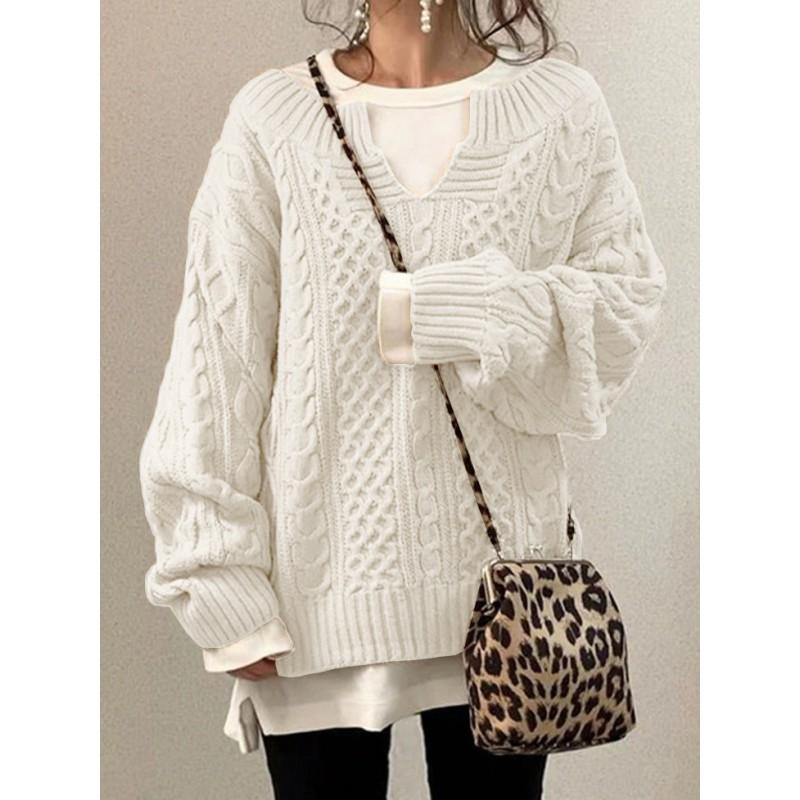 Womens V-Neck Knit Sweater With Cable Loose Fit Casual Pullover In Acrylic Winter