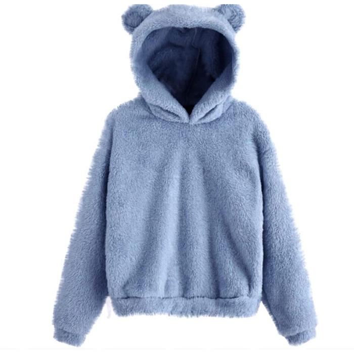 Женский весенне-осенний и зимний пушистый худи с капюшоном и ушками кролика и медведя, теплый пуловер однотонного цвета