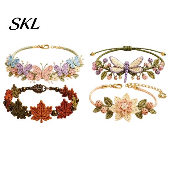 Handmade Bracelet Kit DIY Nature-Inspired Crochet Kit, 3D Animals Plants Hand-Crocheted Jewelry Gift Set Flower Maple Dragonfly Butterfly Making Set,