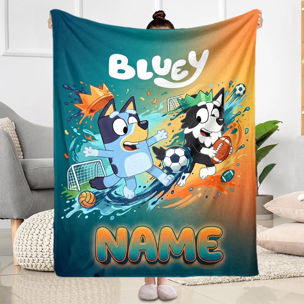Bluey Sports Adventure Customize Your Name Blanket Gift Personalized Blanket Ultra-Soft Great for Seaside Couch Bed Home Decor Four Seasons Universal