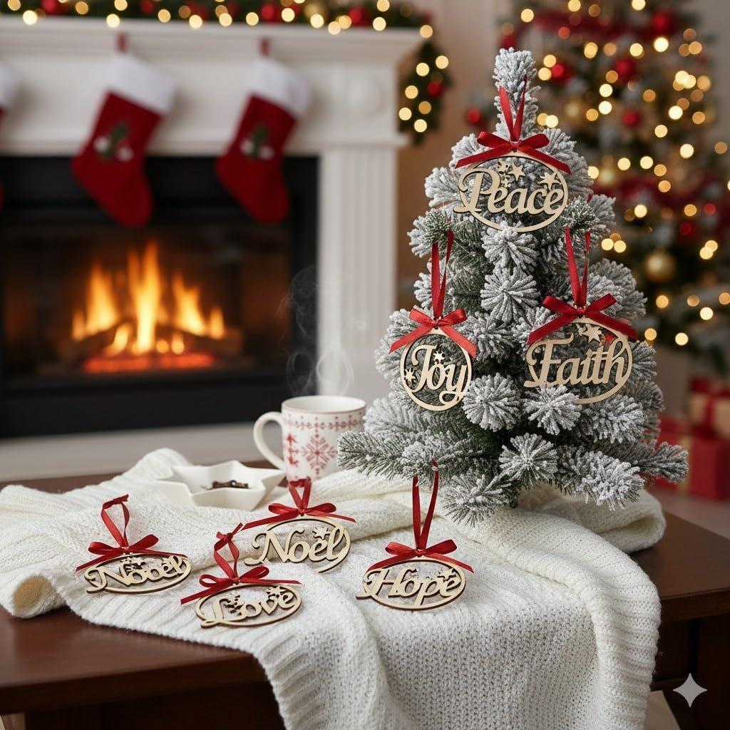 Christmas Hanging Ornaments Wooden Cutouts Faith Joy Hope Love Peace Noel, Set of 6 | Christmas Tree Decoration Items | Xmas Decorations Items Props