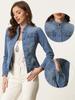 Allegra K Женская классическая джинсовая куртка с воротником-стойкой, длинными рукавами и нагрудным карманом, синяя, размер XL