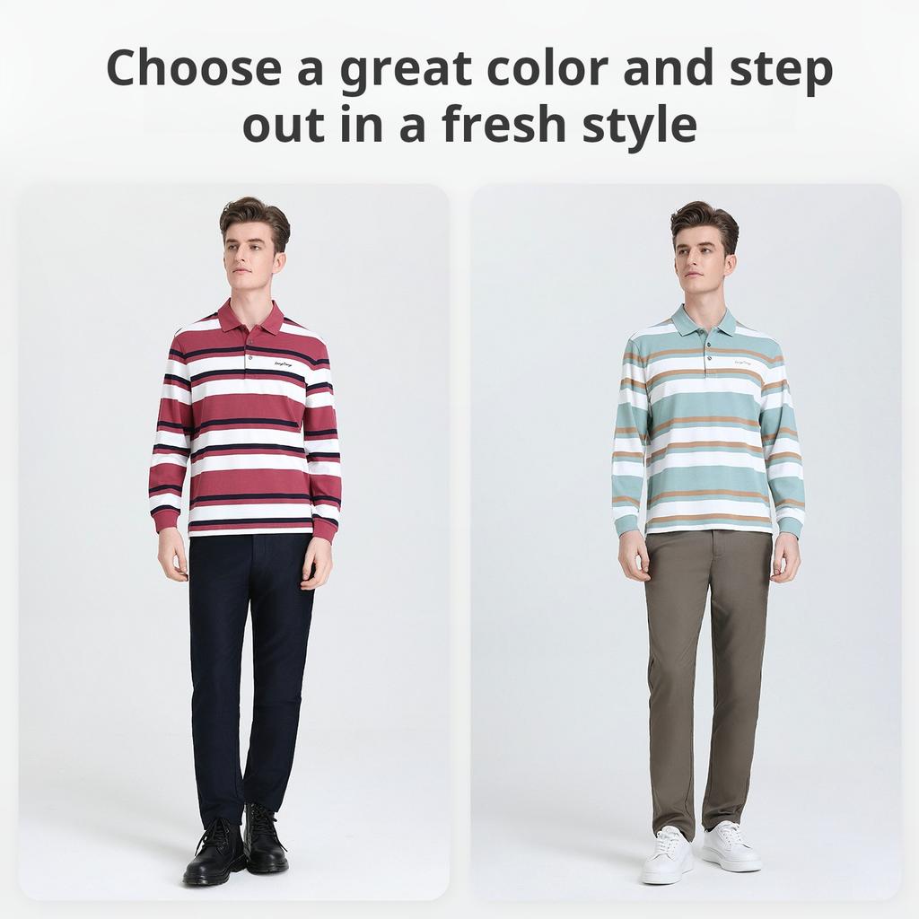 Men's collar long sleeved T-shirt Langdeng 25 Spring and Autumn Modal Business Leisure Fashion Stripe Polo shirt