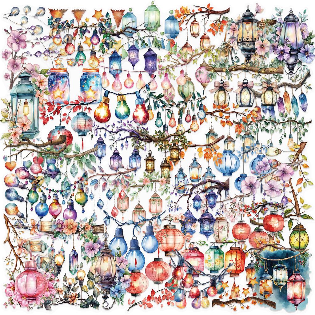 50pcs Colorful Lanterns PET Stickers for Scrapbook Laptop Water Bottles Phone Car Decals Transparent on Plastic Glass Surfaces