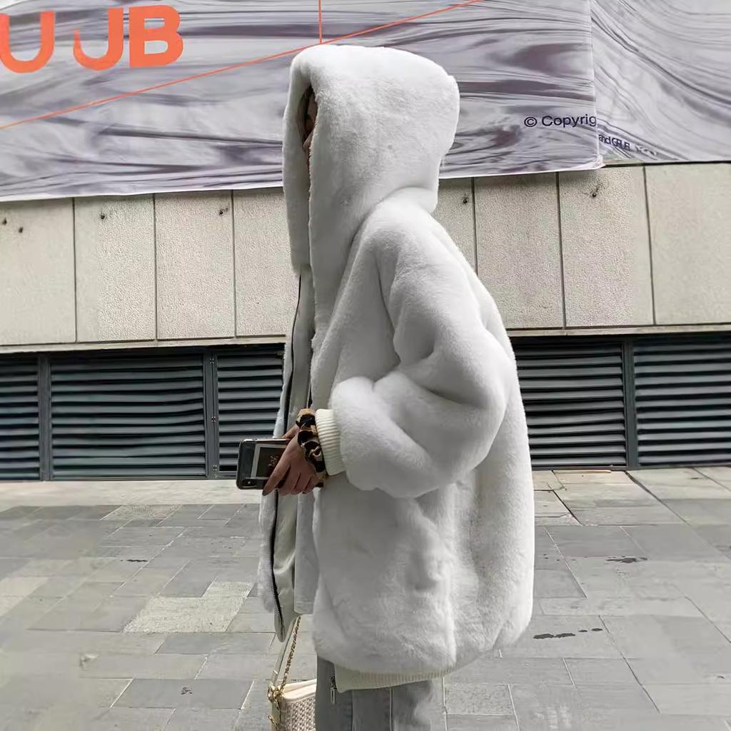 Winter Medium and Long Threaded Fur Jacket New Cocoon Thickened Imitation Rabbit Fur Large Size Women's Hooded Plush Coat