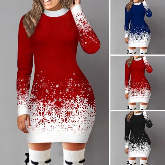 Женское осенне-зимнее платье с принтом снежинки, градиентное сочетание цветов, облегающее платье, плотное, теплое, с длинным рукавом, с круглым вырезом, женское новогоднее вечерние мини-платье